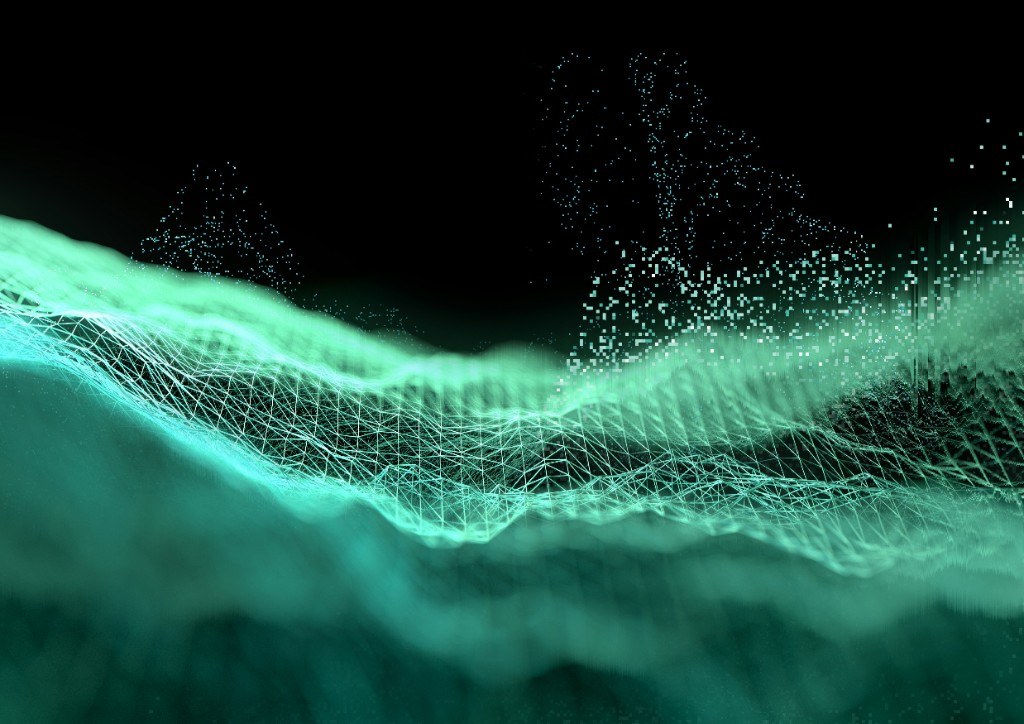 Paesaggio digitale wireframe teal luminoso su sfondo nero — tecnologia e innovazione per lo sviluppo software su misura