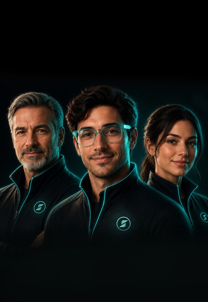 Team di esperti che rappresenta gli agenti AI — tre professionisti con uniformi nere e dettagli teal su sfondo scuro